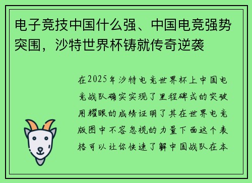 电子竞技中国什么强、中国电竞强势突围，沙特世界杯铸就传奇逆袭